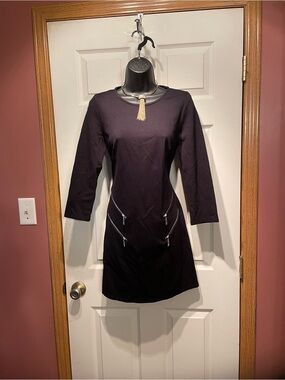 Women's Black Midi Dress with Decorative Zipper Accents